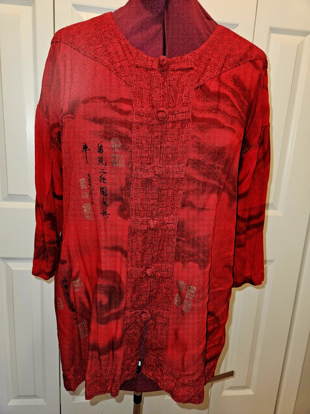 Women's Red Button-Front Mandarin-Style Shirt